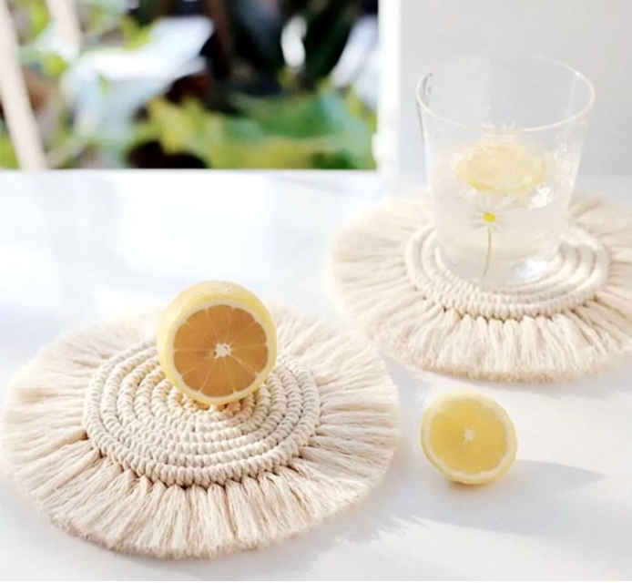 Set De 2 Dessous De Verre Macramé Faits Main - Bleu Et Violet, Déco Bohème Lavable